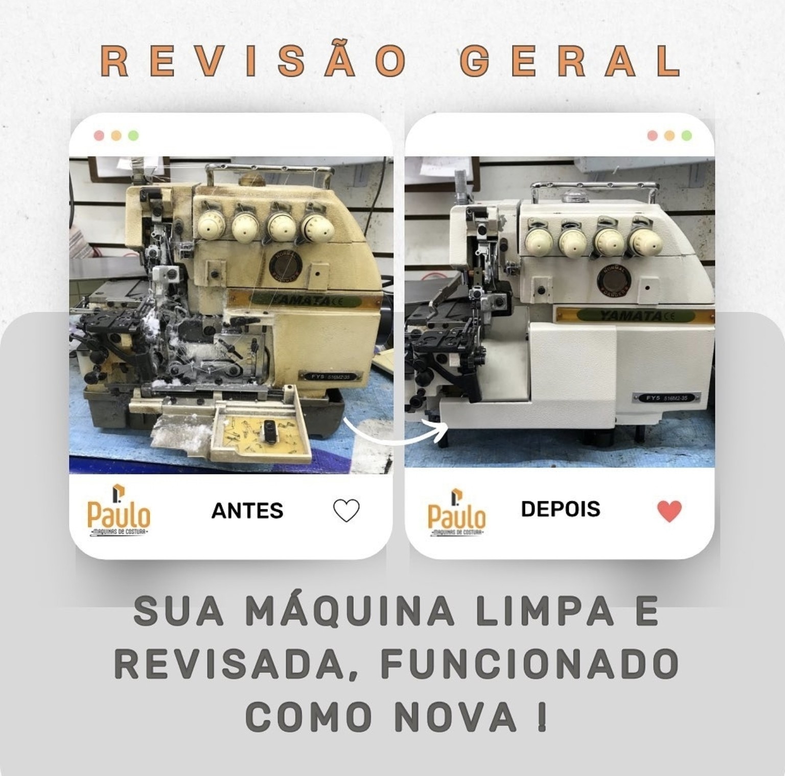 Antes e depois real de revisão de máquina de costura